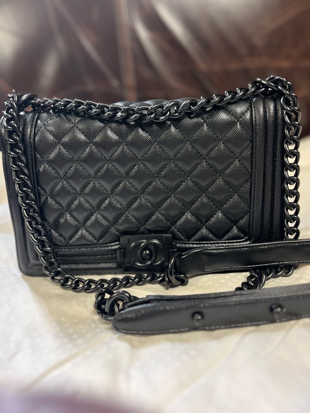 ChaneI Boy Black On Black Quilted Flap Chain Strap Signature Bag
